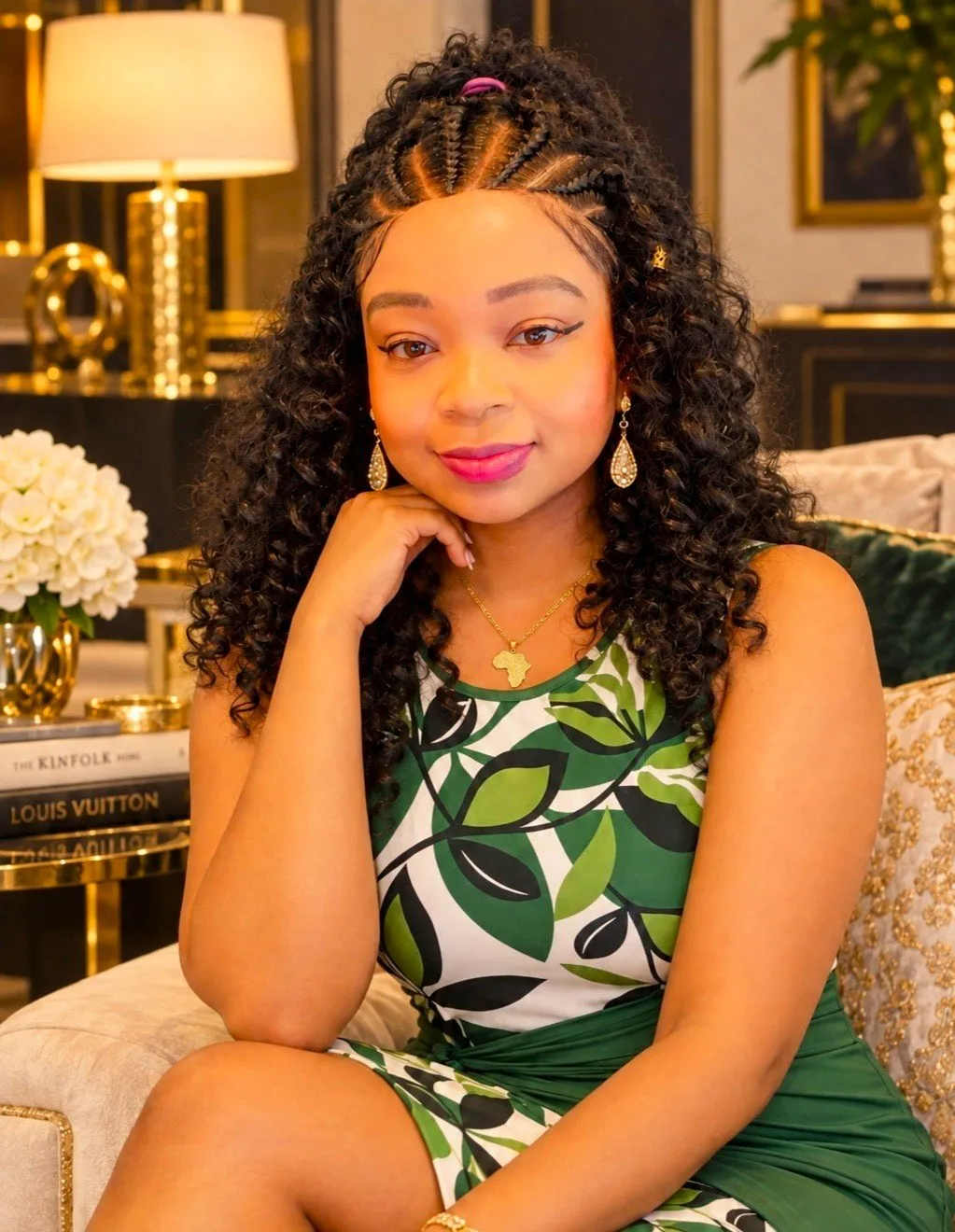 Stephie Chinel in a green patterned dress